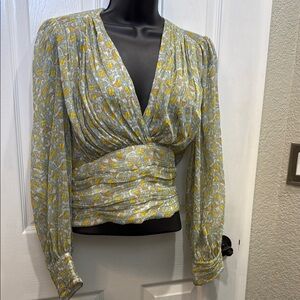 NWT Floral V-Neck Ruched Women's Blouse - Blue and Yellow